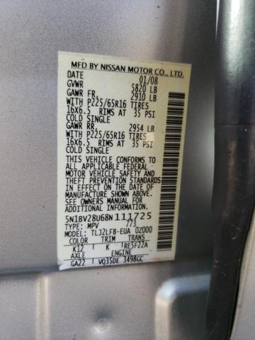 5N1BV28U68N111725 - 2008 NISSAN QUEST S SILVER photo 13