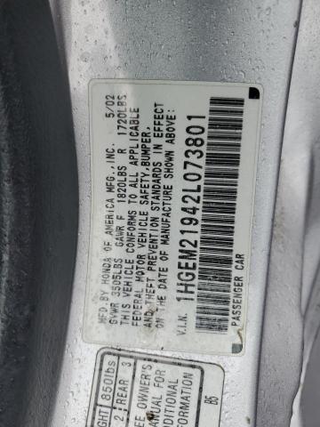 1HGEM21942L073801 - 2002 HONDA CIVIC EX SILVER photo 12