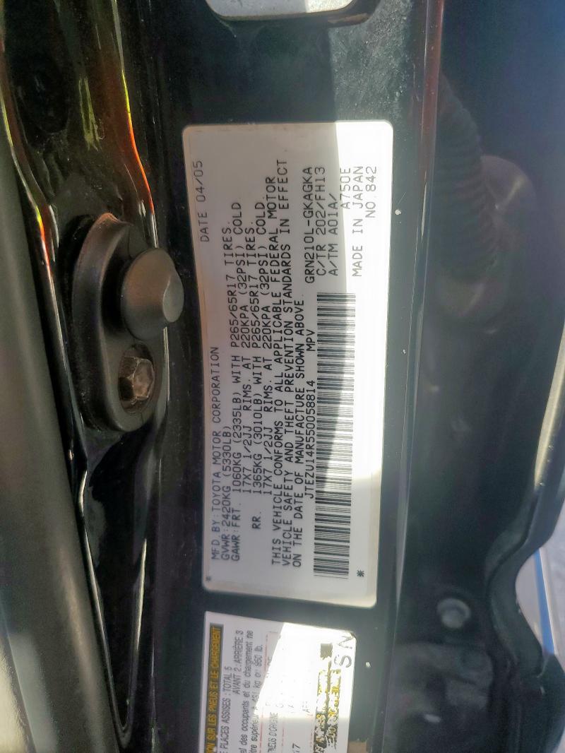 JTEZU14R550058814 - 2005 TOYOTA 4RUNNER SR5 შავი ფოტო 12