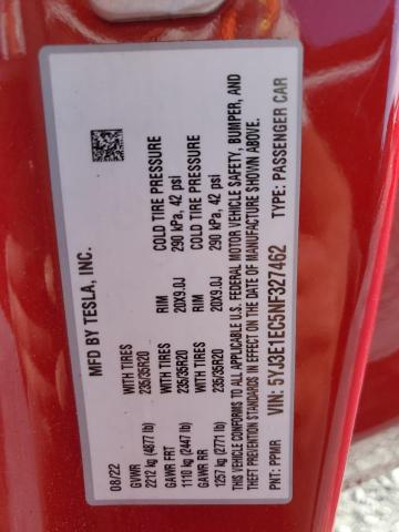 5YJ3E1EC5NF327462 - 2022 TESLA MODEL 3 勃艮第红 照片 12