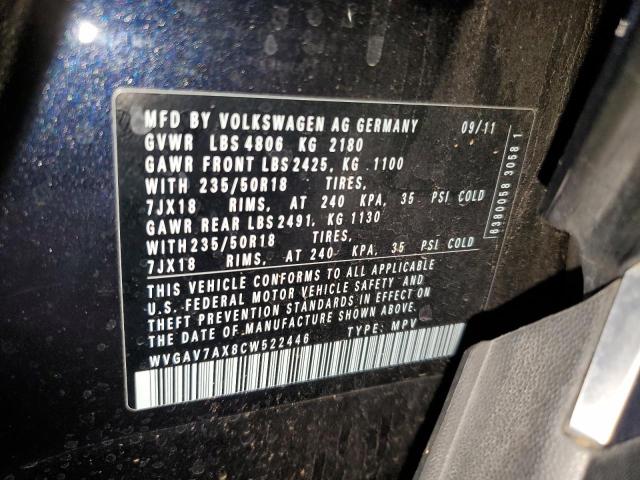 WVGAV7AX8CW522446 - 2012 VOLKSWAGEN TIGUAN S BLACK photo 13