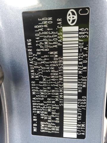 5YFM4MCE7NP115292 - 2022 TOYOTA COROLLA SE BLUE photo 12