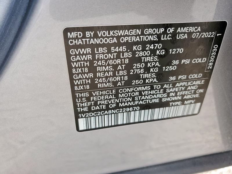 1V2DC2CA8NC229670 - 2022 VOLKSWAGEN ATLAS CROS SE SILVER photo 12