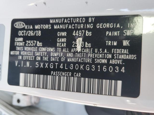 5XXGT4L30KG316034 - 2019 KIA OPTIMA LX 白色 照片 12