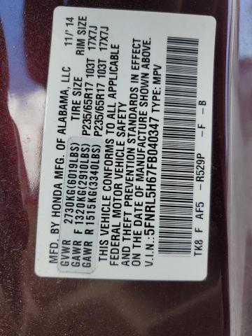 5FNRL5H67FB040347 - 2015 HONDA ODYSSEY EXL BURGUNDY photo 13