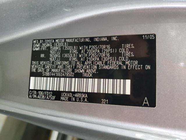 5TBBT441X6S478502 - 2006 TOYOTA TUNDRA ACCESS CAB SR5 SILVER photo 12