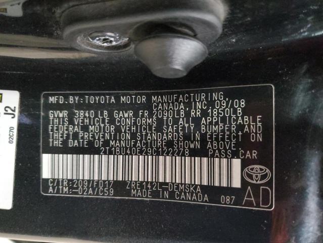 2T1BU40E29C122278 - 2009 TOYOTA COROLLA BASE BLACK photo 12