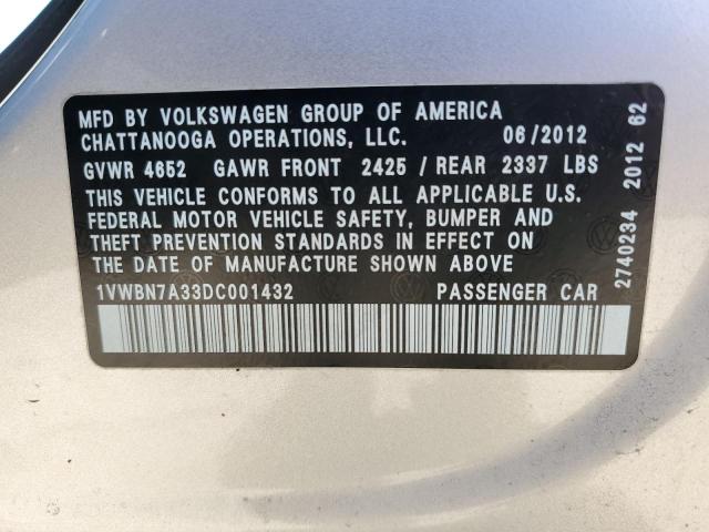 1VWBN7A33DC001432 - 2013 VOLKSWAGEN PASSAT SE 银色 照片 12