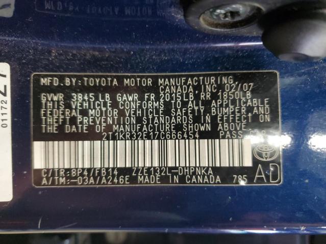 2T1KR32E17C666454 - 2007 TOYOTA COROLLA MA XR BLUE photo 13