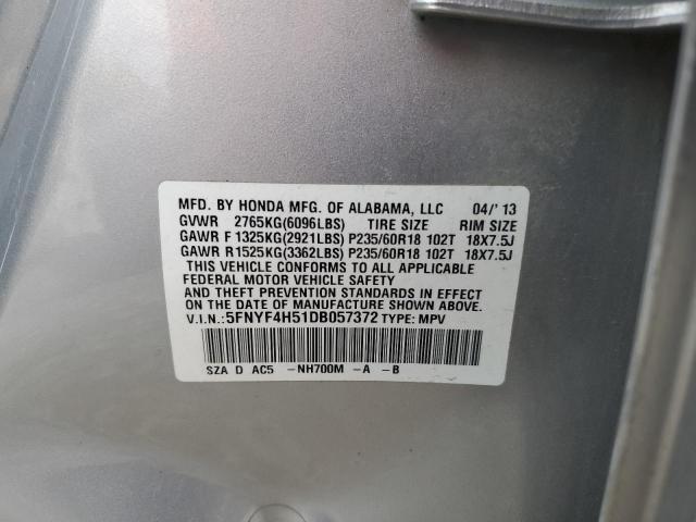 5FNYF4H51DB057372 - 2013 HONDA PILOT EXL SILVER photo 13