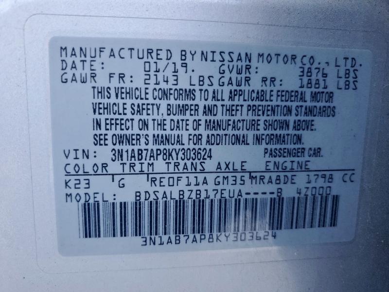 3N1AB7AP8KY303624 - 2019 NISSAN SENTRA S Күміс фото 13