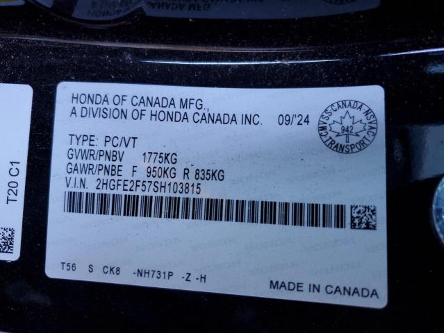 2HGFE2F57SH103815 - 2025 HONDA CIVIC SPORT BLACK photo 13