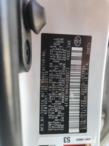 4T1BZ1HK0KU026373 - 2019 TOYOTA CAMRY XSE თეთრი ფოტო 12