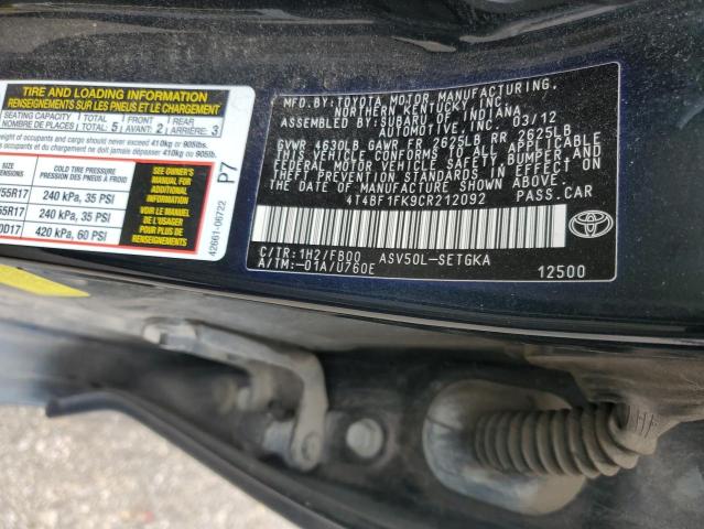 4T4BF1FK9CR212092 - 2012 TOYOTA CAMRY BASE أزرق صورة 12