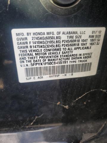 5FPYK1F50CB455191 - 2012 HONDA RIDGELINE RTL BLACK photo 12