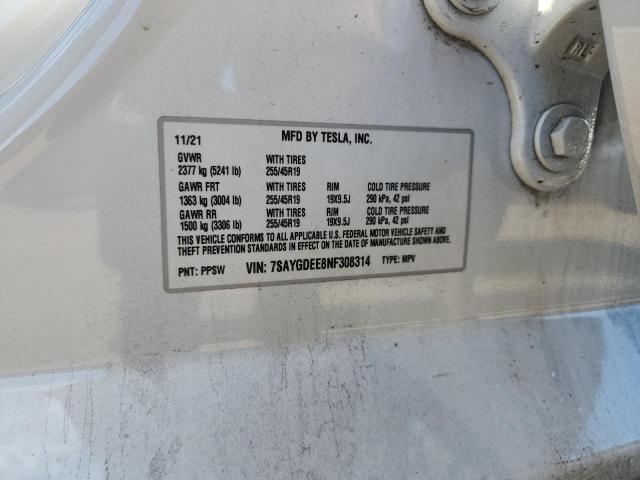 7SAYGDEE8NF308314 - 2022 TESLA MODEL Y Ақ фото 12