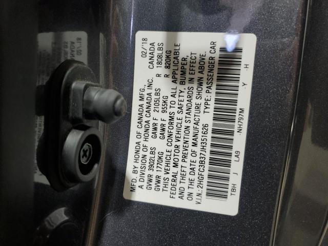 2HGFC3B37JH351626 - 2018 HONDA CIVIC EX GRAY photo 12