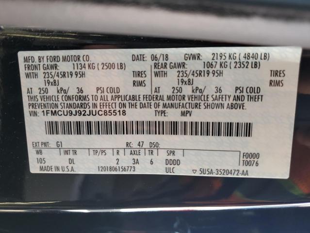 1FMCU9J92JUC85518 - 2018 FORD ESCAPE TITANIUM შავი ფოტო 12