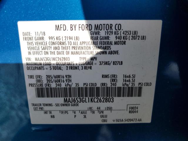 MAJ6S3GL1KC262803 - 2019 FORD ECOSPORT SE Синий фото 13