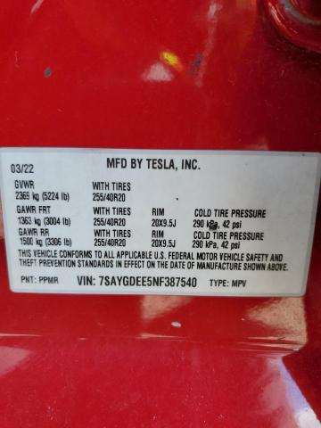 7SAYGDEE5NF387540 - 2022 TESLA MODEL Y Rojo foto 12