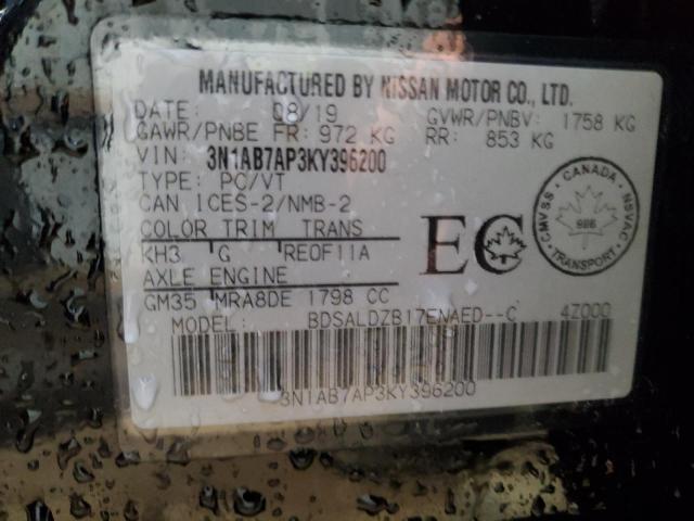 3N1AB7AP3KY396200 - 2019 NISSAN SENTRA S BLACK photo 12