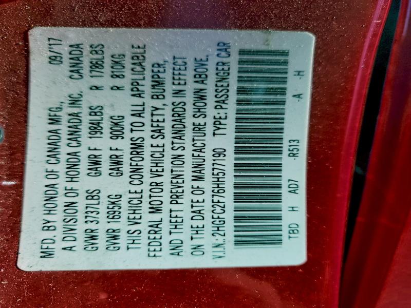 2HGFC2F76HH577190 - 2017 HONDA CIVIC EX წითელი ფოტო 12