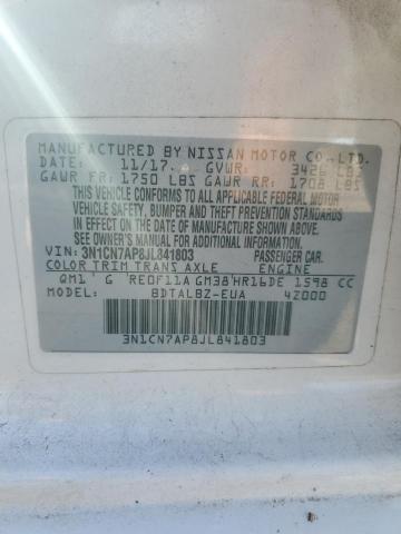 3N1CN7AP8JL841803 - 2018 NISSAN VERSA S WHITE photo 12