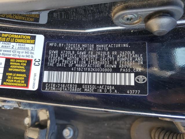 4T1BZ1FB2KU030900 - 2019 TOYOTA AVALON XLE Qara foto 12