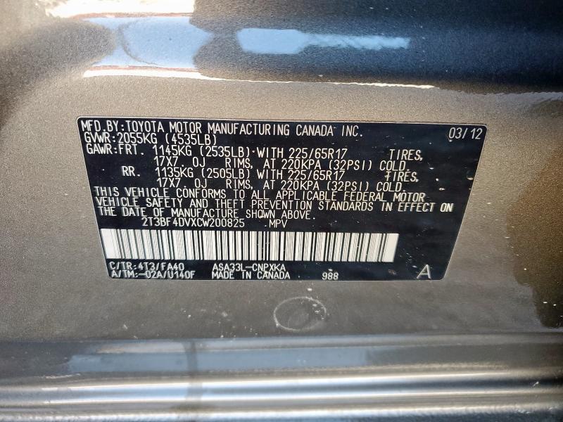 2T3BF4DVXCW200825 - 2012 TOYOTA RAV4 GRAY photo 13