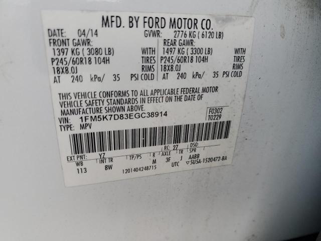 1FM5K7D83EGC38914 - 2014 FORD EXPLORER XLT WHITE photo 13