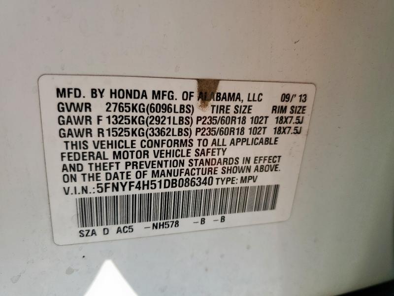 5FNYF4H51DB086340 - 2013 HONDA PILOT EXL 白色 照片 14