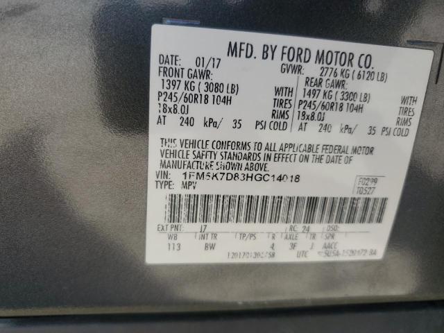 1FM5K7D83HGC14018 - 2017 FORD EXPLORER XLT GRAY photo 13