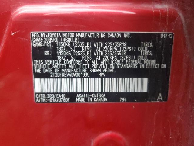 2T3DFREV4DW001999 - 2013 TOYOTA RAV4 LIMITED RED photo 13