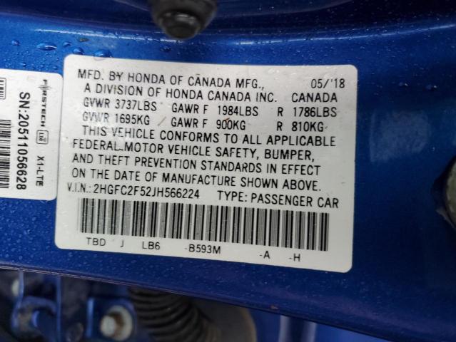 2HGFC2F52JH566224 - 2018 HONDA CIVIC LX 蓝色 照片 12