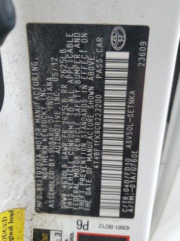 4T4BF1FK8CR223200 - 2012 TOYOTA CAMRY BASE WHITE photo 12