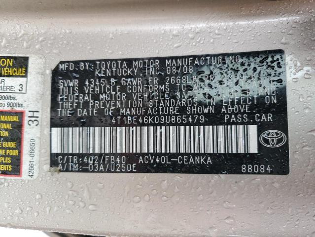 4T1BE46K09U865479 - 2009 TOYOTA CAMRY BASE BEIGE photo 12