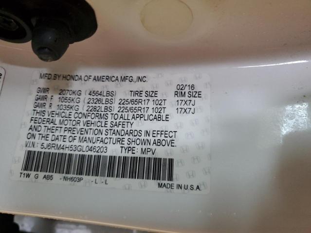 5J6RM4H53GL046203 - 2016 HONDA CR-V EX WHITE photo 13