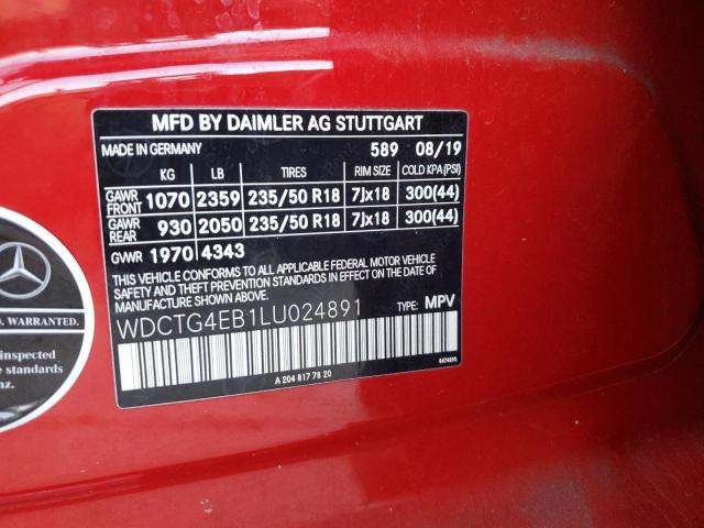 WDCTG4EB1LU024891 - 2020 MERCEDES-BENZ GLA 250 Կարմիր լուսանկար 12