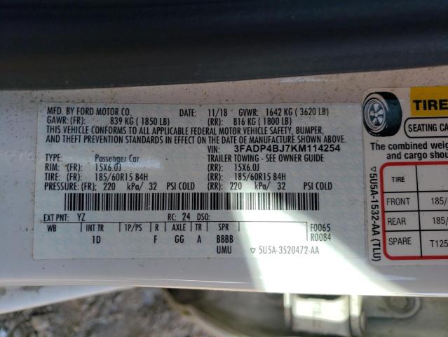 3FADP4BJ7KM114254 - 2019 FORD FIESTA SE 白色 照片 12