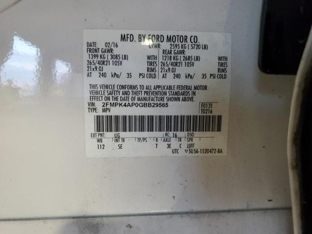 2FMPK4AP0GBB29565 - 2016 FORD EDGE SPORT თეთრი ფოტო 12