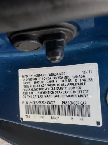 2HGFB2F52CH538073 - 2012 HONDA CIVIC LX BLUE photo 12
