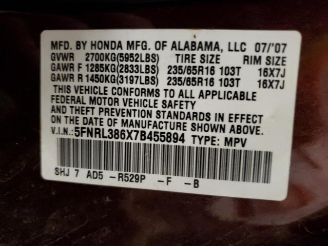 5FNRL386X7B455894 - 2007 HONDA ODYSSEY EXL იასამნისფერი ფოტო 13