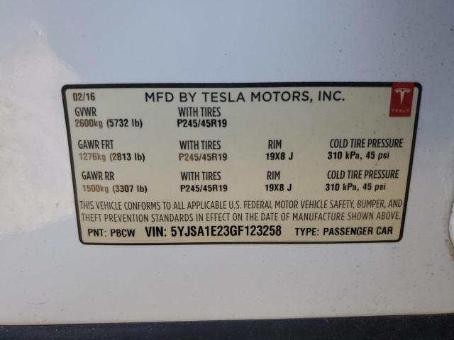 5YJSA1E23GF123258 - 2016 TESLA MODEL S Beyaz fotoğraf 12