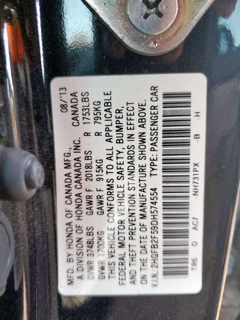 2HGFB2F59DH574554 - 2013 HONDA CIVIC LX 黑色 照片 12