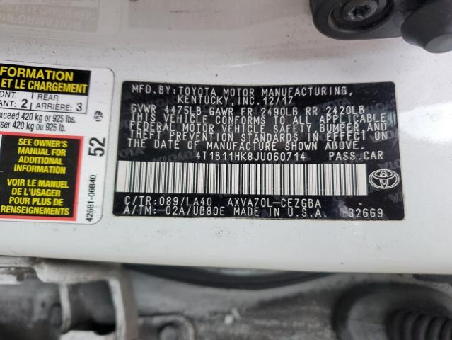 4T1B11HK8JU060714 - 2018 TOYOTA CAMRY L 白色 照片 12