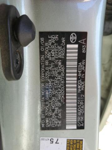 JTDKB20U187745487 - 2008 TOYOTA PRIUS GREEN photo 12
