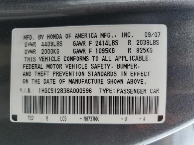 1HGCS12838A000596 - 2008 HONDA ACCORD EXL GRAY photo 12