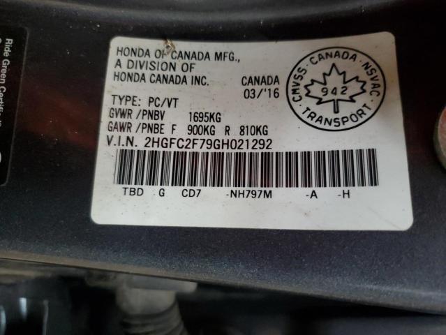 2HGFC2F79GH021292 - 2016 HONDA CIVIC EX GRAY photo 13