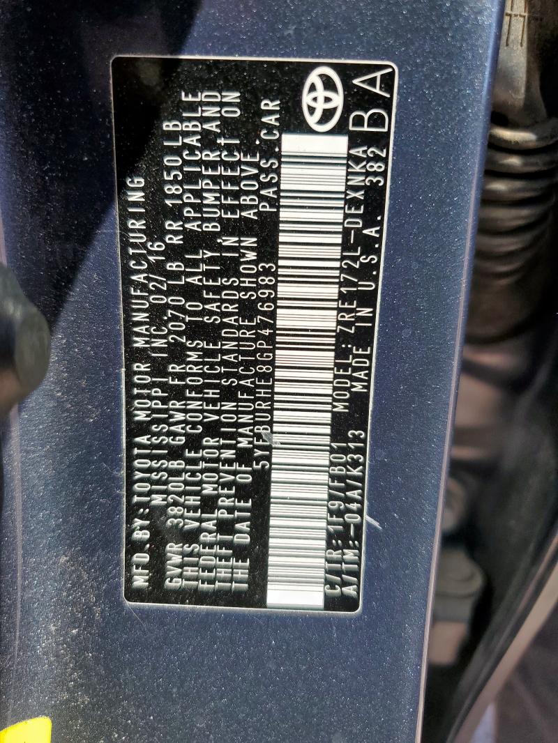 5YFBURHE8GP476983 - 2016 TOYOTA COROLLA L CHARCOAL photo 12