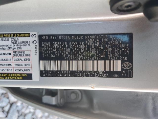 2T1BR32E27C740741 - 2007 TOYOTA COROLLA CE 银色 照片 12